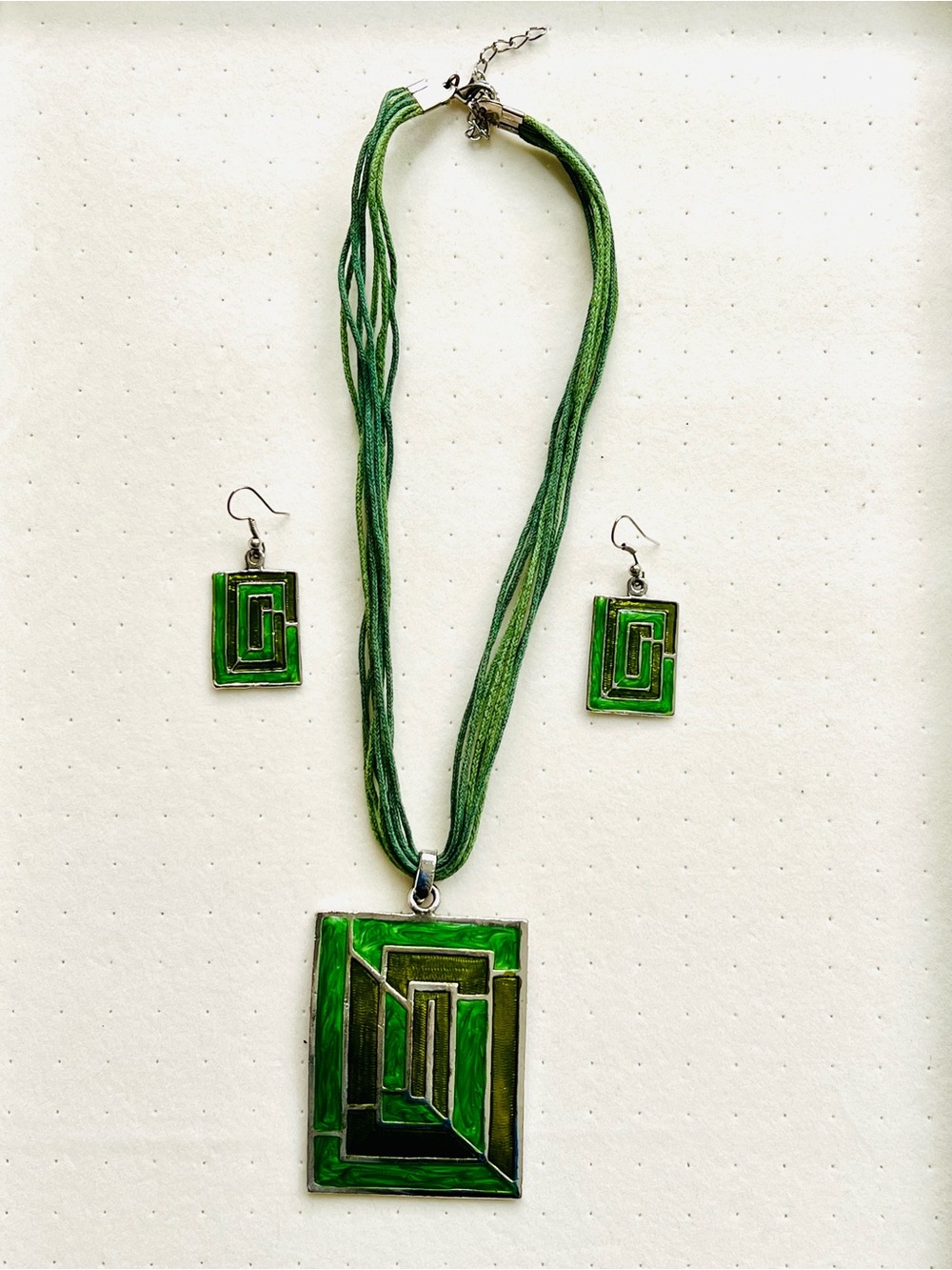 Artisan Green Enamel Geometric Jewelry Set - Pendant Necklace & Earrings